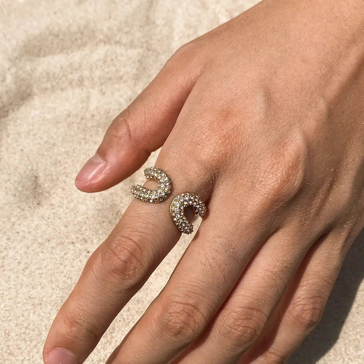 Gold Color Plated Stainless Steel White Rhinestone Paper Clip Ring