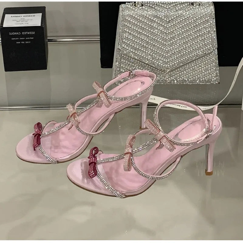 Sweet Pink Bowknot Rhinestones T-Strap Women Gladiator Sandals