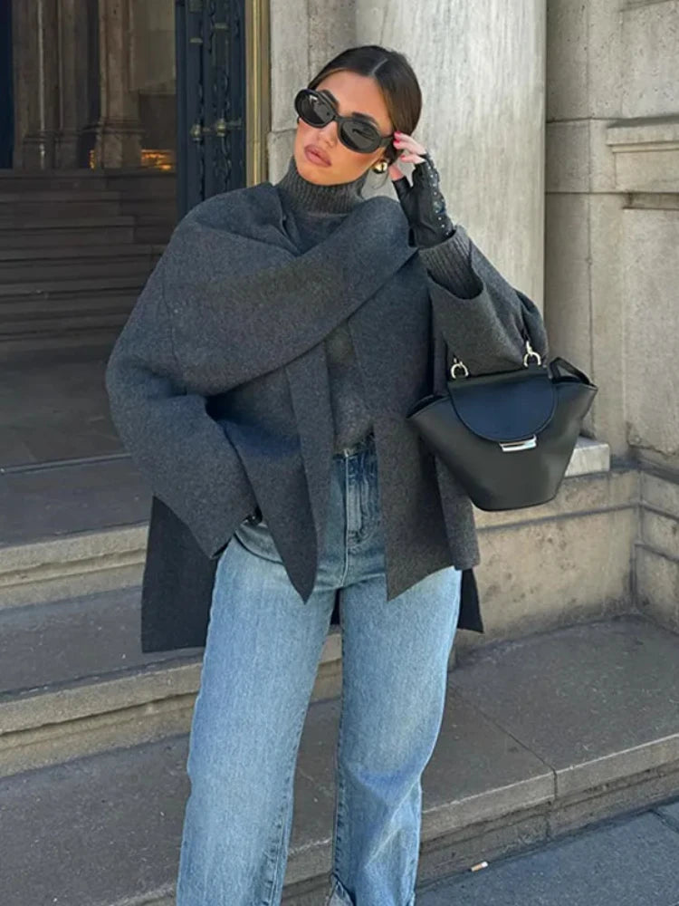 Women's Asymmetric Scarf Knitted Jacket O-neck Single Button Side - Norellé