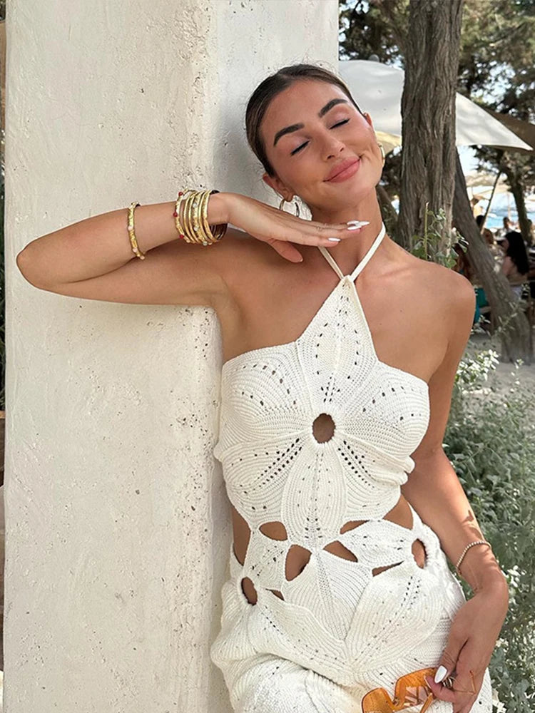 Hook Knit Beach Mini Dress Women Hollow Out Halter Sleeveless Backless Lace Up - Norellé