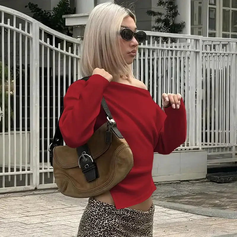 Inclined Shoulder Long Sleeve T-shirt Women