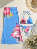 Flower Print Bikini Set Women's High Waist Long Skirt 3 Piece Swimsuit - Norellé