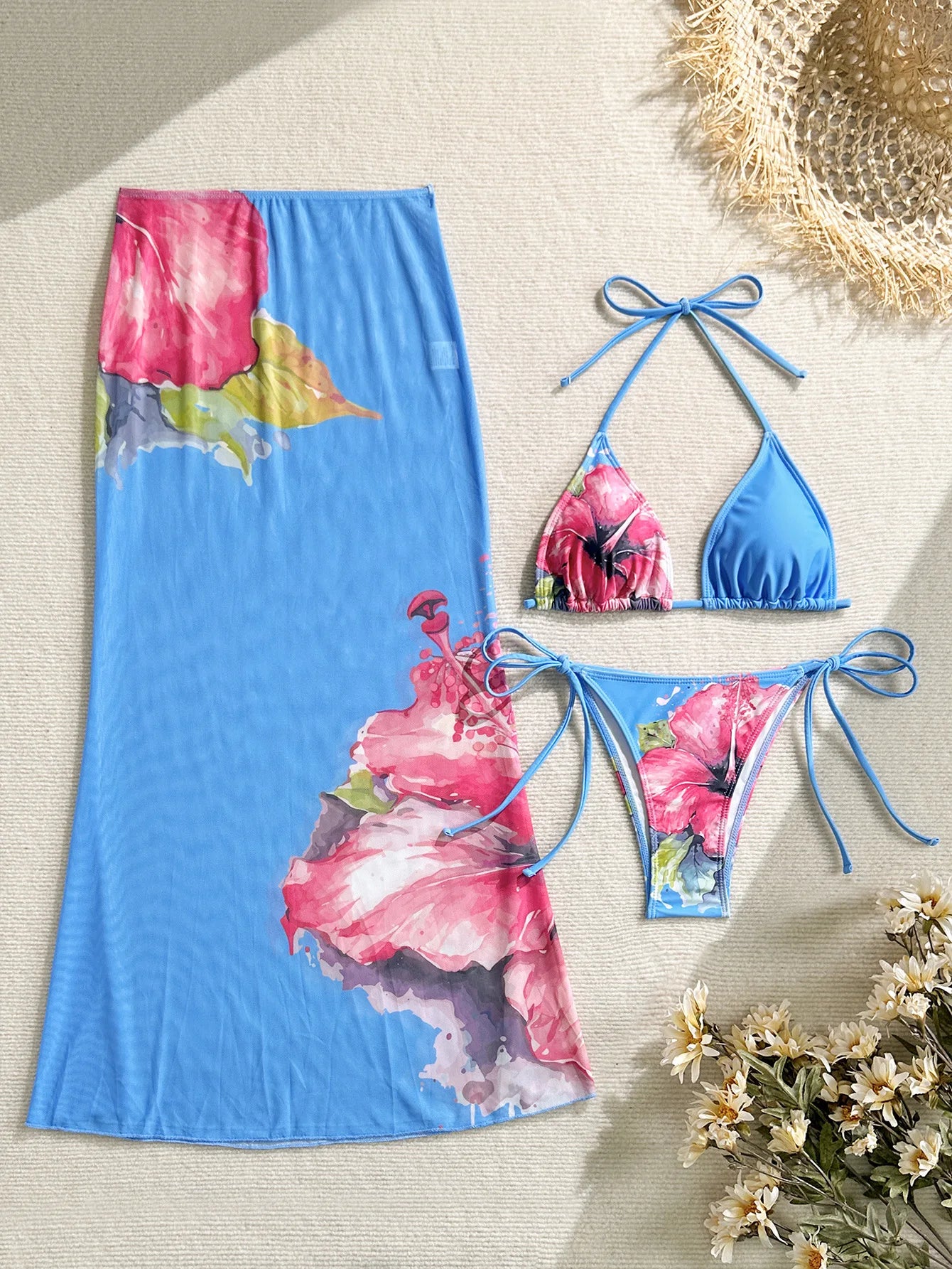 Flower Print Bikini Set Women's High Waist Long Skirt 3 Piece Swimsuit - Norellé