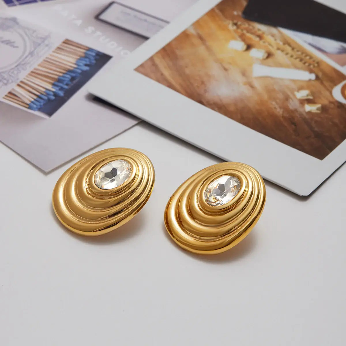 Gold Color Plated Stainless Steel Round White Zircon Ribbed Ear Studs