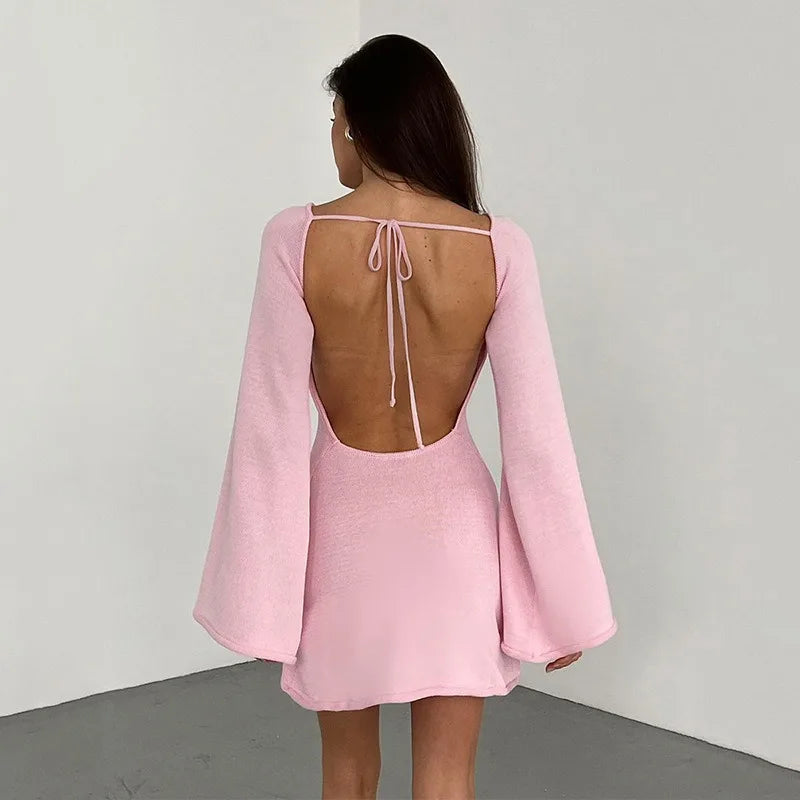 Backless Knitwear Lace-Up Mini Dress