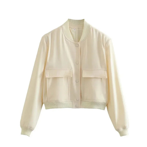 Woman Bomber Jacket Coat White Button Baseball - Norellé