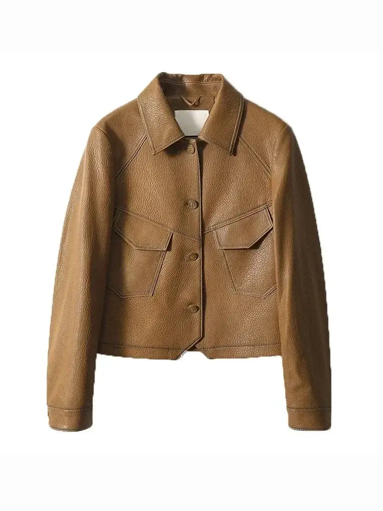 Single Breasted Leather Jacket Women’s Short Slim Fit Motorcycle