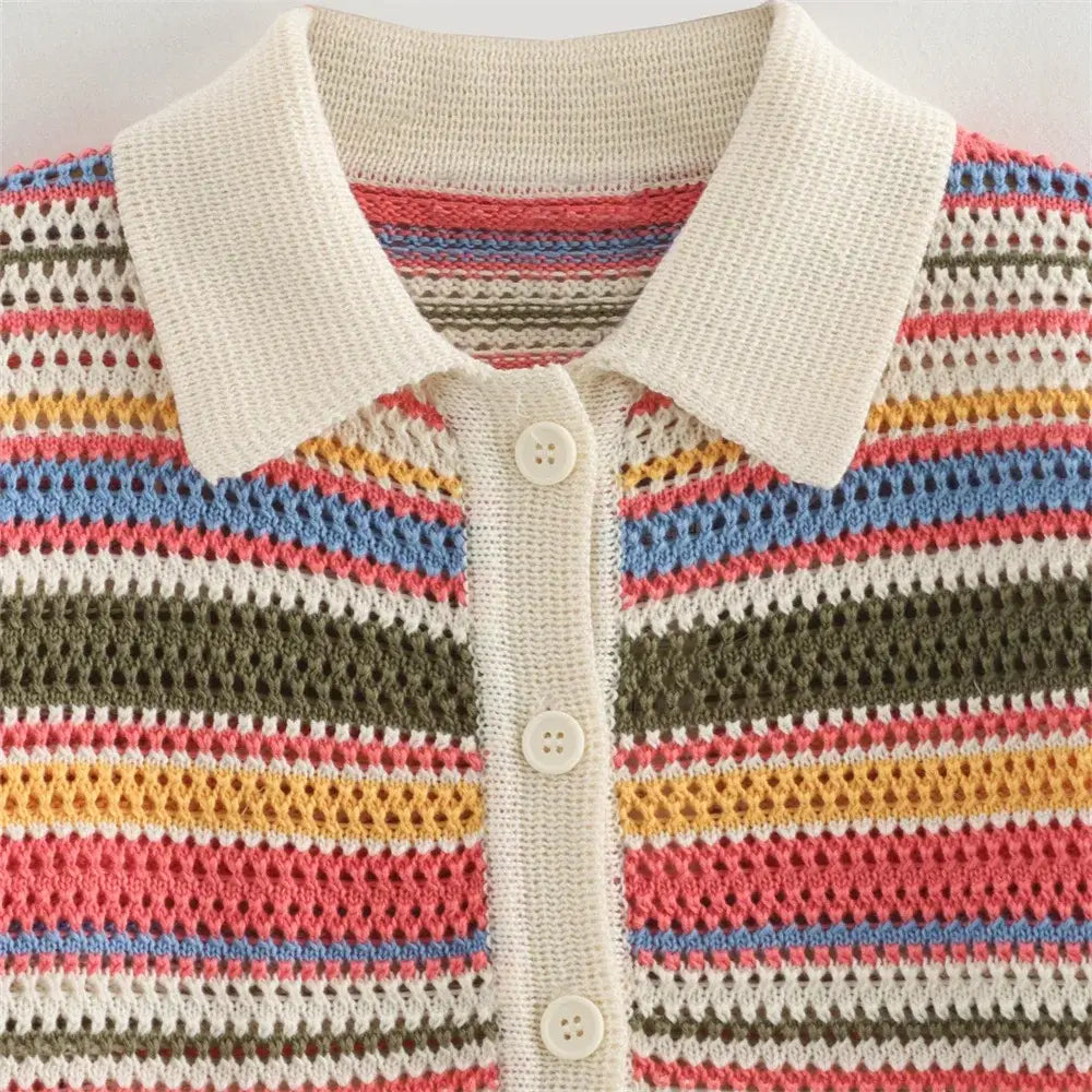 Women’s Casual Stripe Printed Short Sleeve Flip Collar Cardigan Shorts Set