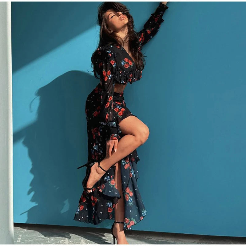 Printed Shirt Ruffles Split Skirt Sets Women