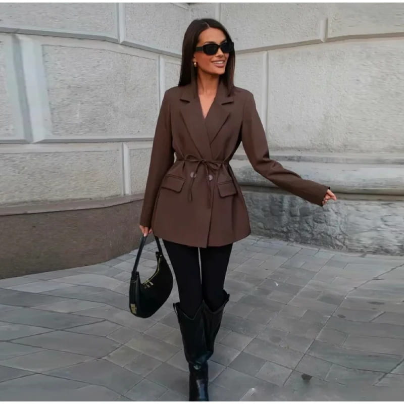 Women’s Tie Waist Blazer Coat Oversized Padded Shoulder