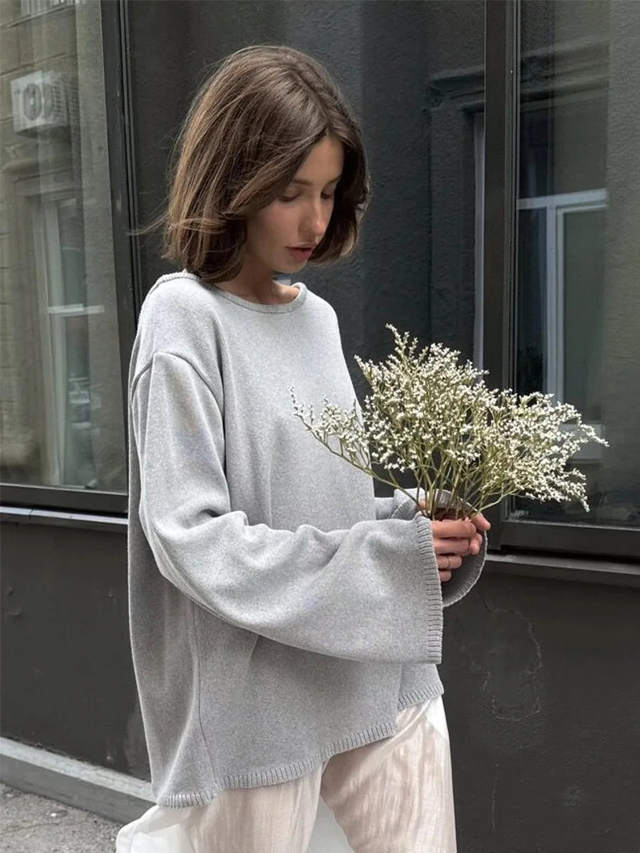 Backless O-neck Cotton Knit Sweater
