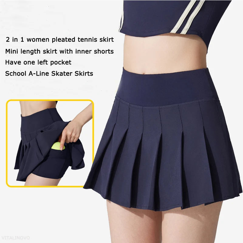 Womens Girl High Waisted Pleated Tennis Skirt