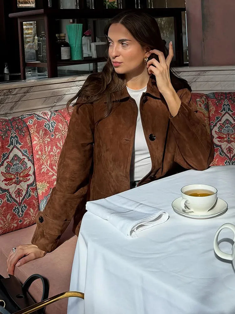 Women Dark Brown Suede Coat
