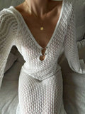 White Knit Fashion Cover up Maxi Dress Female See-Through V-Neck - Norellé