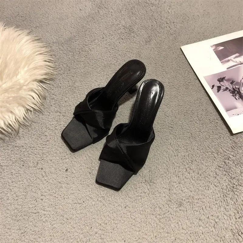 Satin Slippers Women Square Toe High Heels