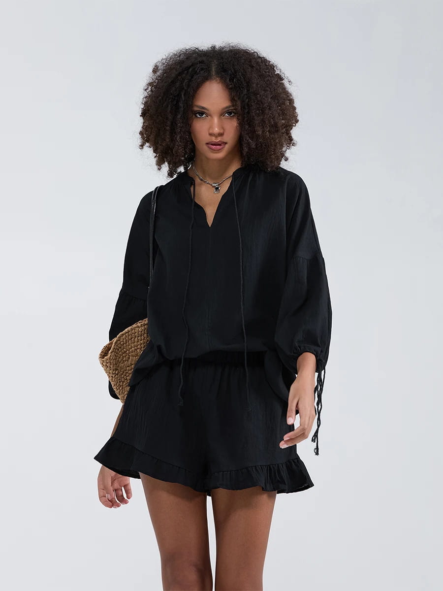 Casual Women Outfit Long Sleeve V-Neck Top with Tie-Up Detail and Elastic Waist Shorts Set