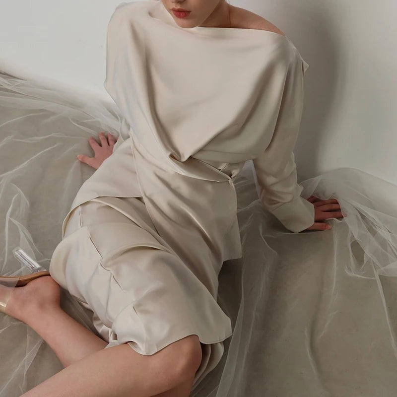 Fashion Long Sleeve Two Piece Casual Temperament Satin Women’s Set