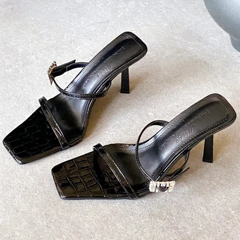 Rhinestone Buckle Women Sandals Square Toe