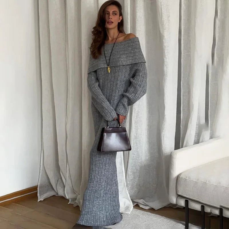 Knit Long Dress One Shoulder Sleeve