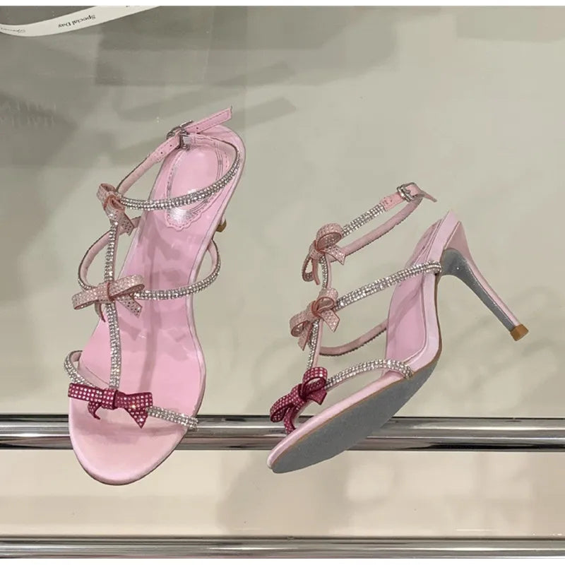 Sweet Pink Bowknot Rhinestones T-Strap Women Gladiator Sandals