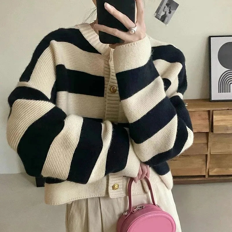 Striped Knitted Cardigans Women Button Up Loose Cardigan - Norellé