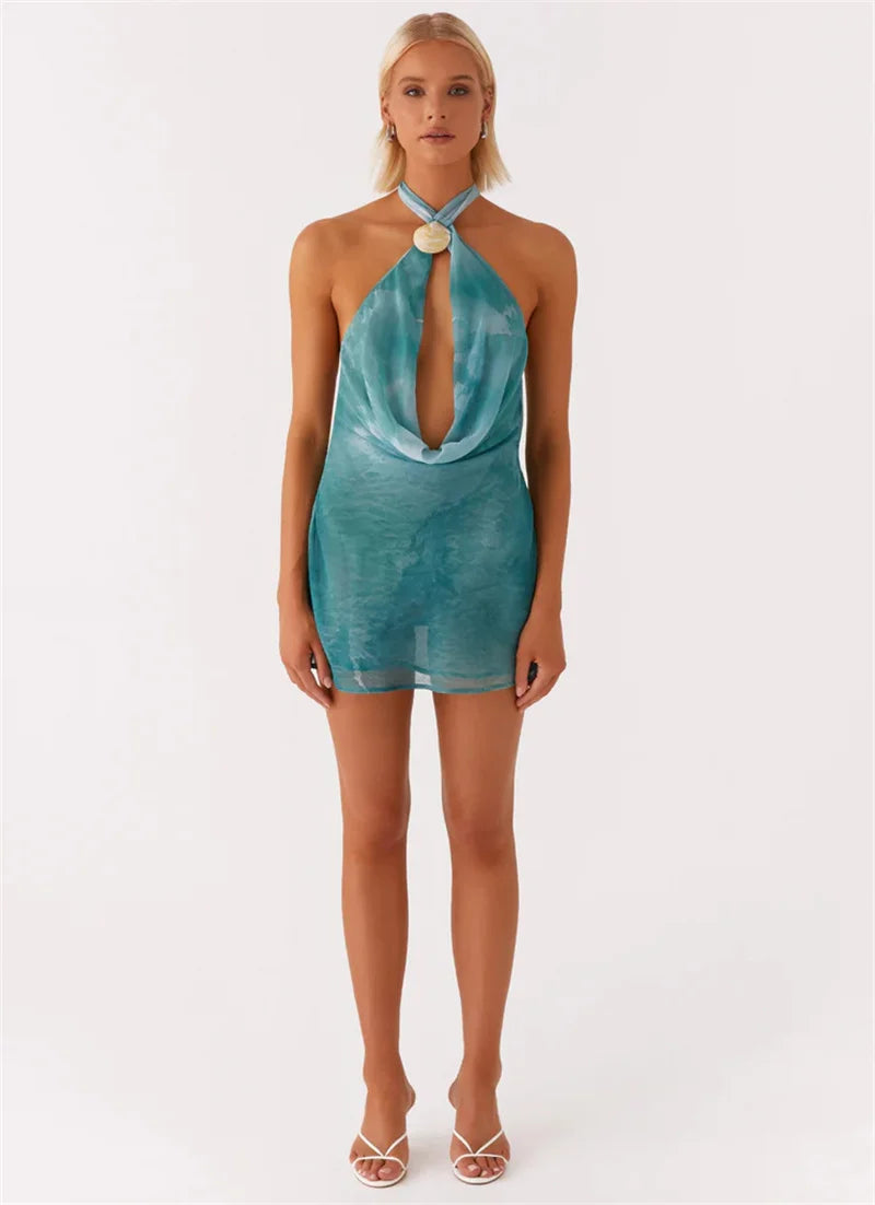 Tie Dye Halter Backless Mini Dress Women