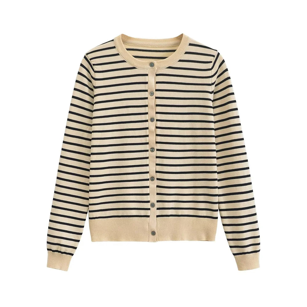 Women’s Simple Round Neck Long sleeved Striped Fine Knitted Cardigan