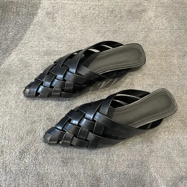 Pointed Toe Genuine Leather Slippers Women