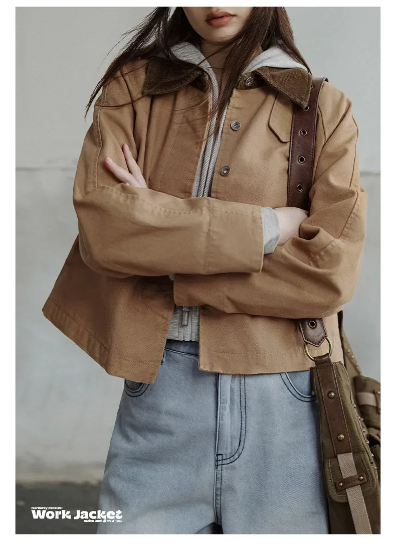 Women’s Retro Khaki Corduroy Collar Barn Jacket