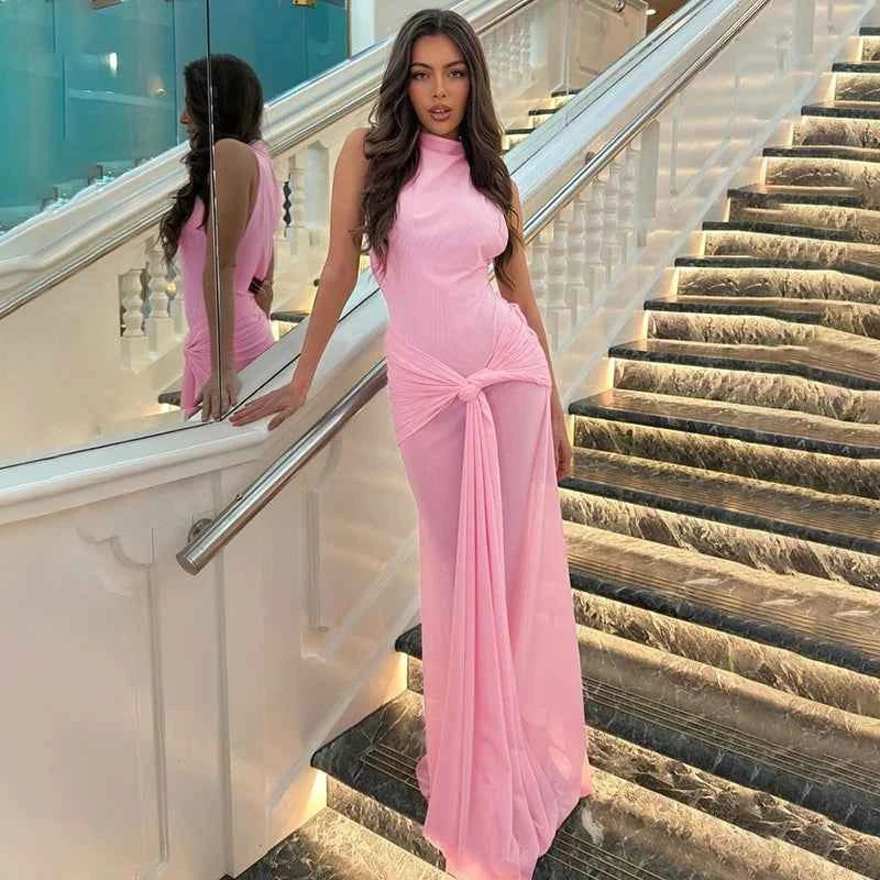 Draped Ruched Mesh Long Dress For Women