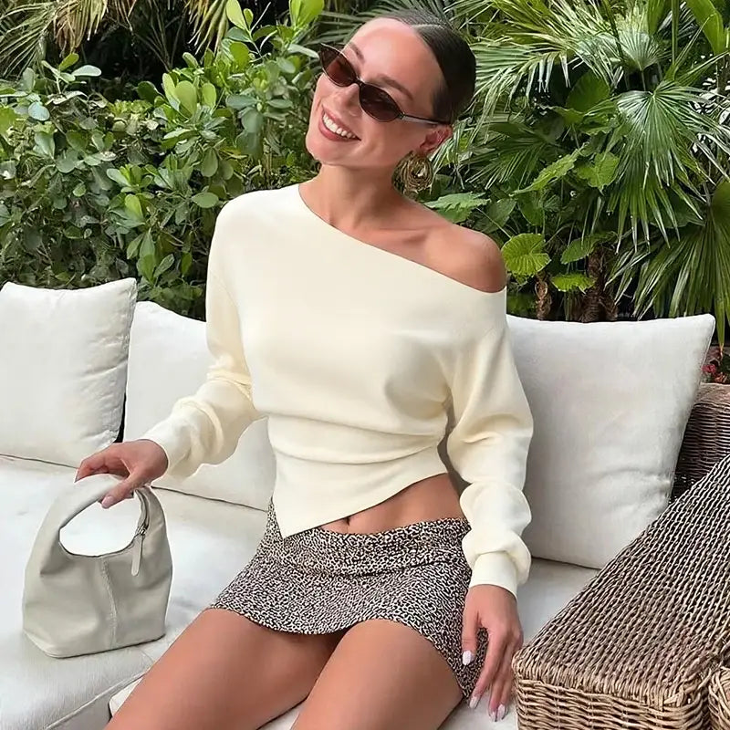 Inclined Shoulder Long Sleeve T-shirt Women