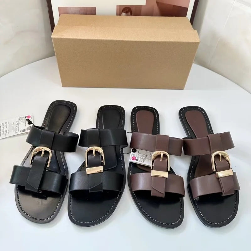 Brown Double Strap Buckle Flat Sandals For Women