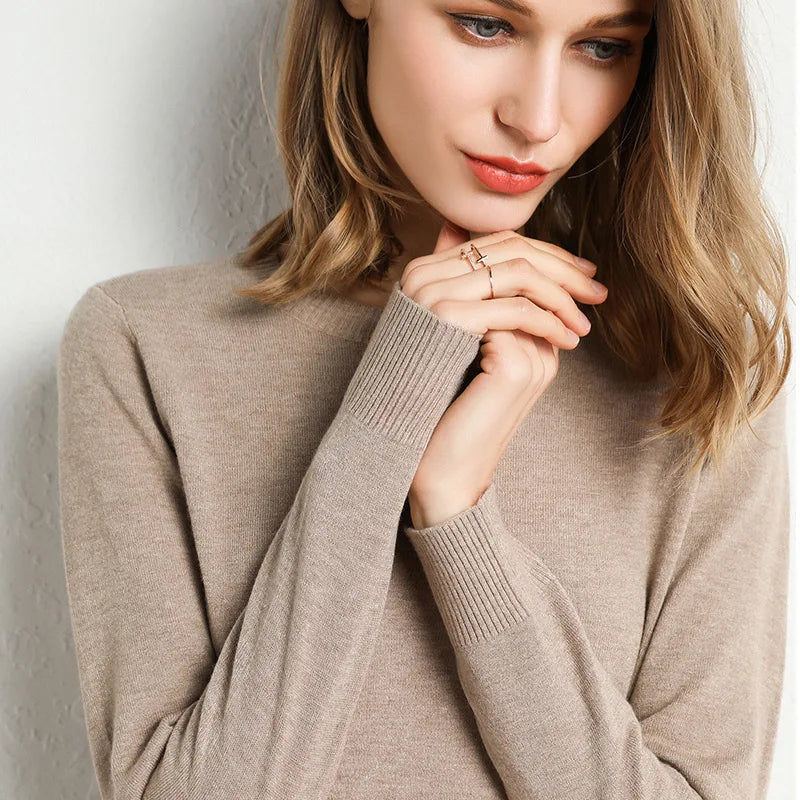 Women Slim O-Neck Solid Pullover Sweater