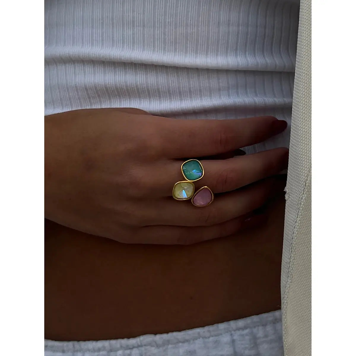 Stainless Steel Pink Green Yellow Cubic Zirconia Adjustable Open Ring