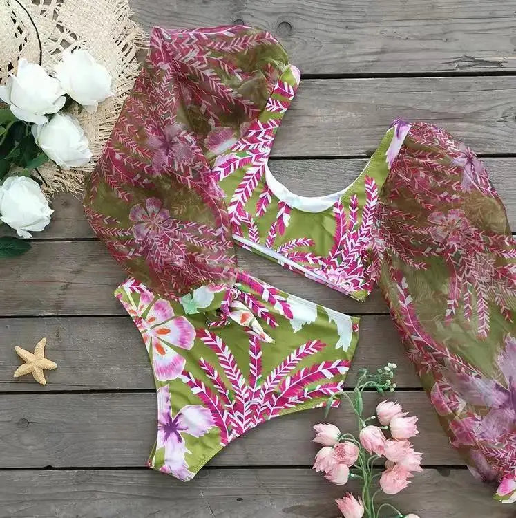 High Waist Bikini Set Floral Print Swimwear Women With Long Puff Sleeves - Norellé