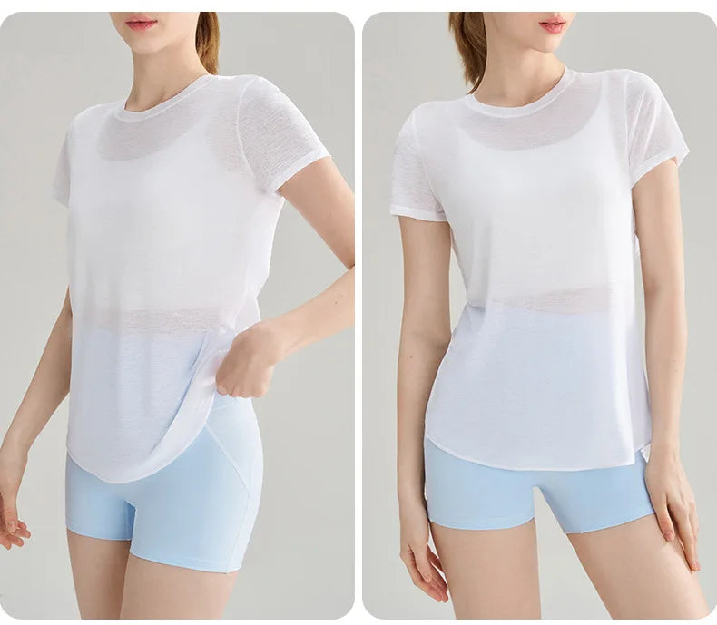 Women Yoga Short Sleeve Light Thin Back Hollow Out Breathable Loose Blouse