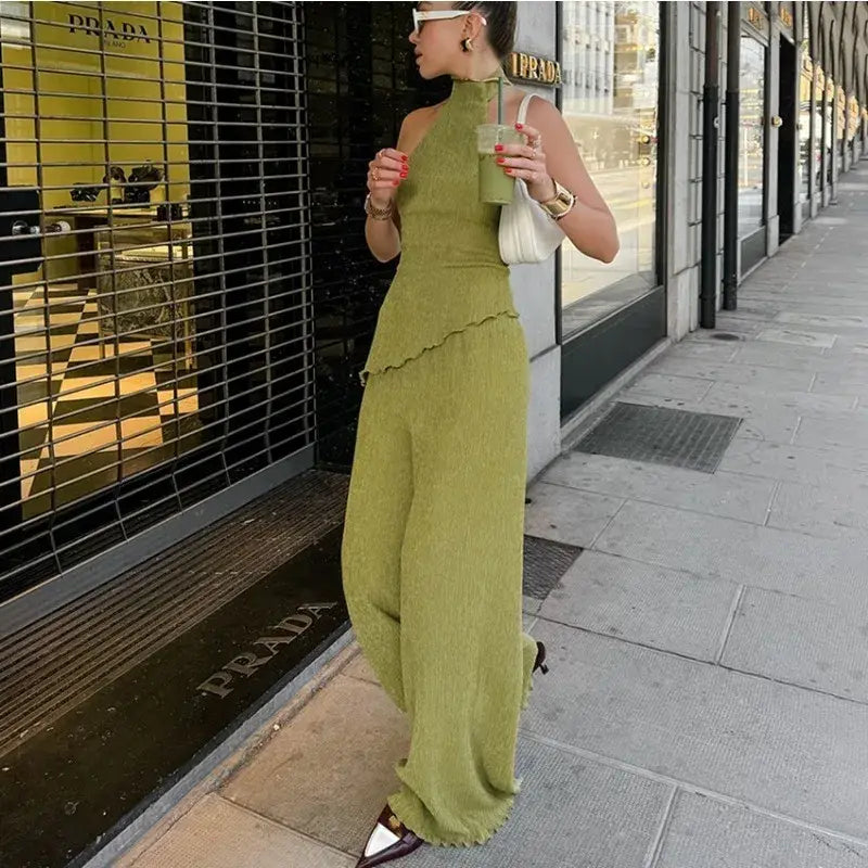 Hanging Green Pants Set Sleeveless Backless Two-piece