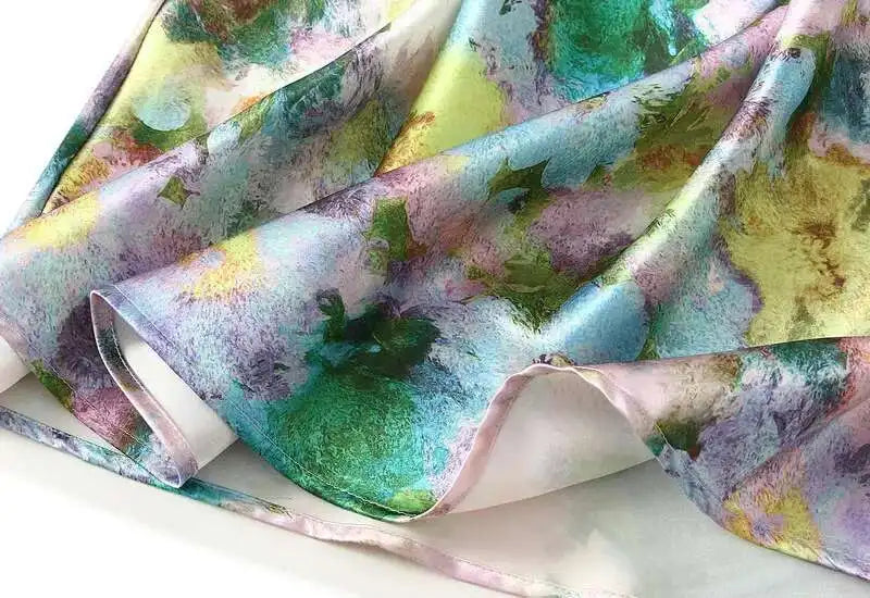 Women Spring Summer Floral Print Satin Long Skirt