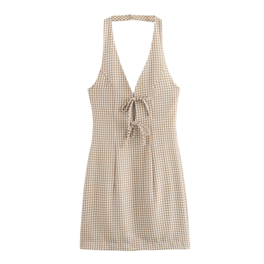 Women's Fashion and Elegance Slim Fit Open Back Small Plaid Hanging Neck Dress - Norellé