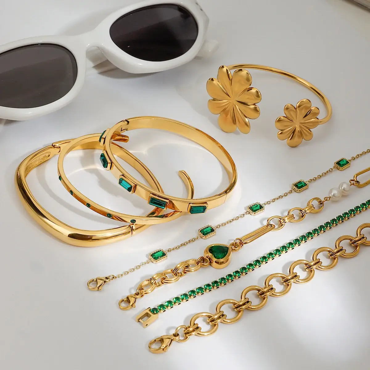 Retro Stainless Steel Green Zircon Bracelet