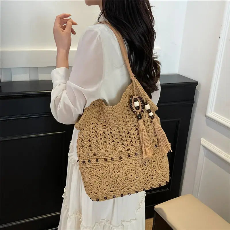 Weave Handbag Large Capacity Shoulder Bag Hollow out Tote