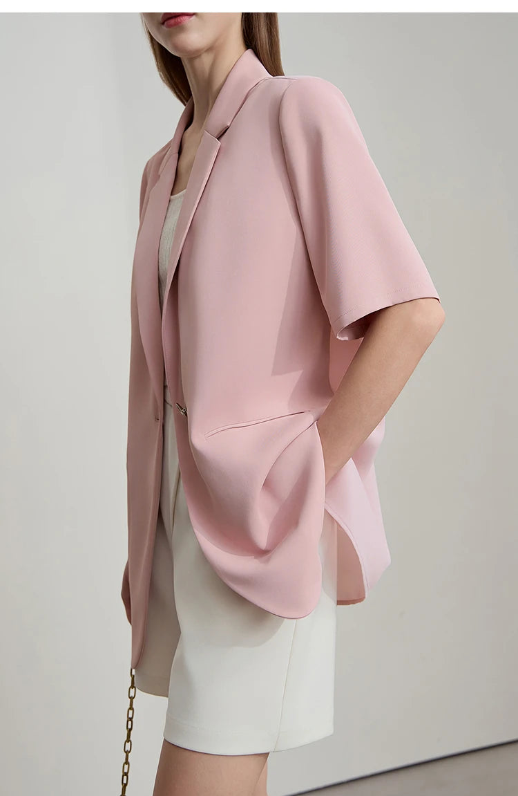 Lapel Contrast Material Patchwork One Button Short Sleeve Blazer