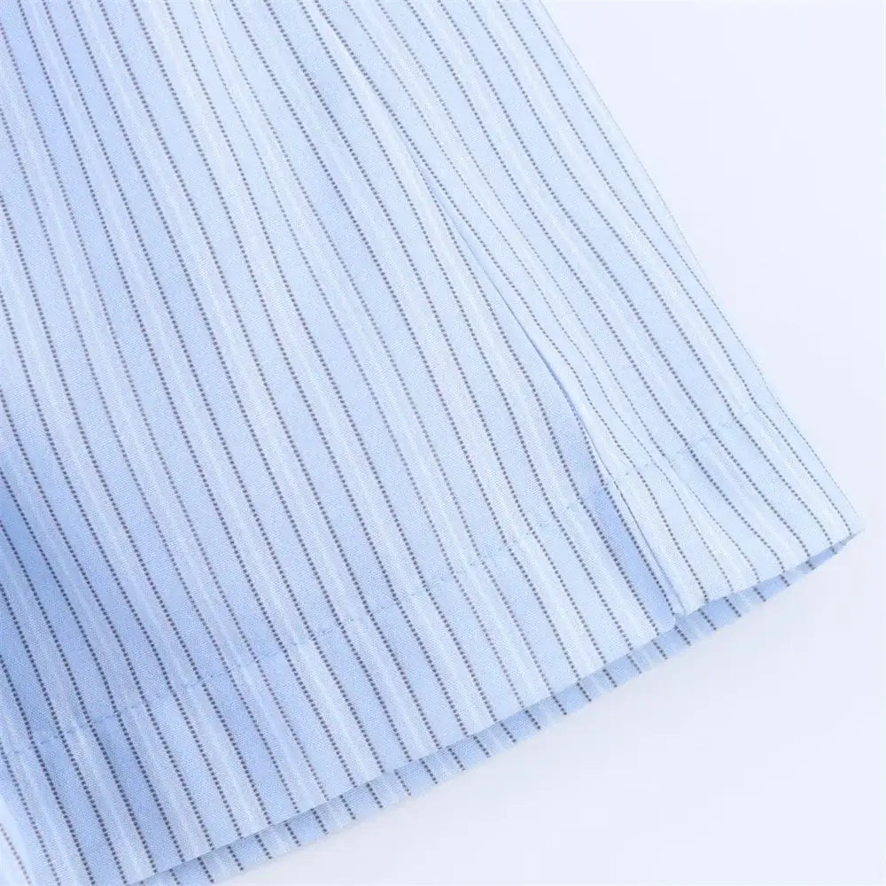 Women’s Lace Detail Striped Short Shirt Fluffy Mid Waist Skirt Pants Set