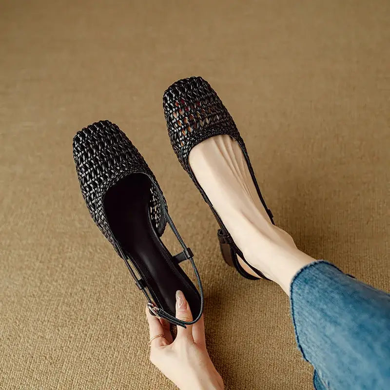 French Square-toed Woven High-heeled Sandals