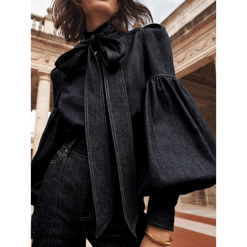 Trendy Imitation Denim Blouse Tops for Women Long Puff - Norellé