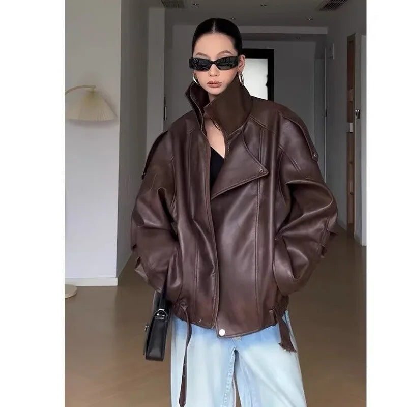 American Retro Brown Faux Leather Jacket Women