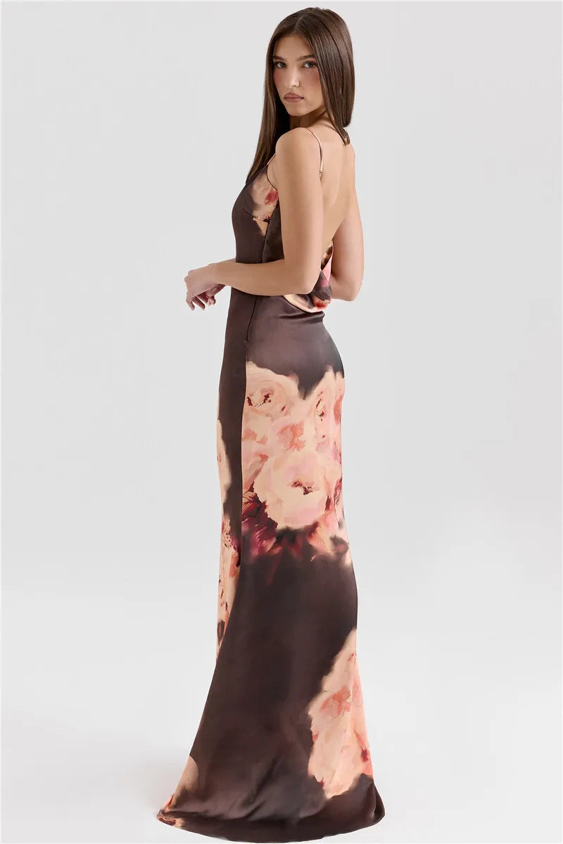 Satin Floral Print Maxi Dress Women