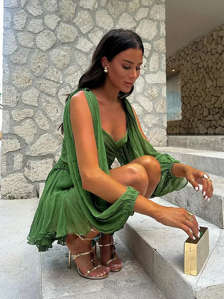 Women's Fashion Green Chiffon Mini Dress Elegant V-neck Split Long - Norellé