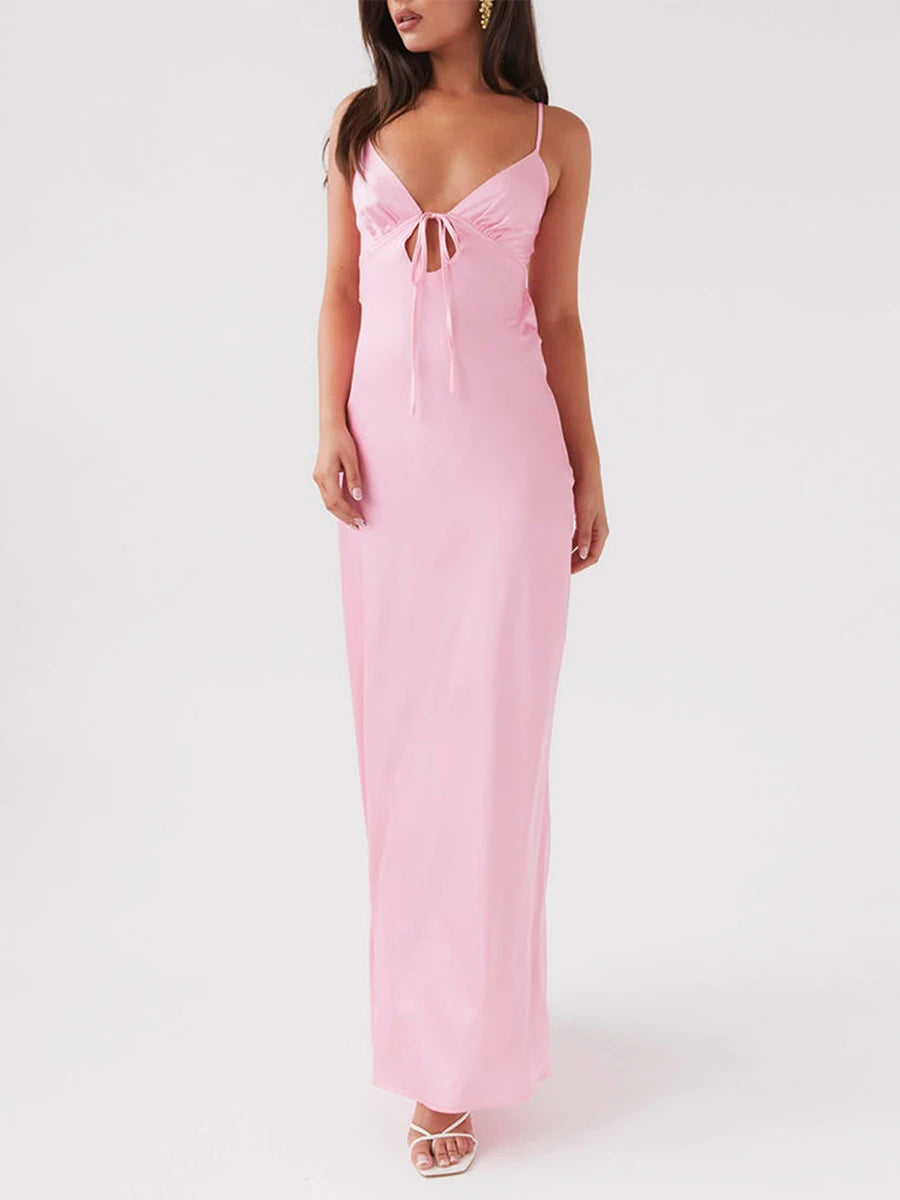 Women Cami Dress Solid Color Sleeveless Tie-Up Front Backless