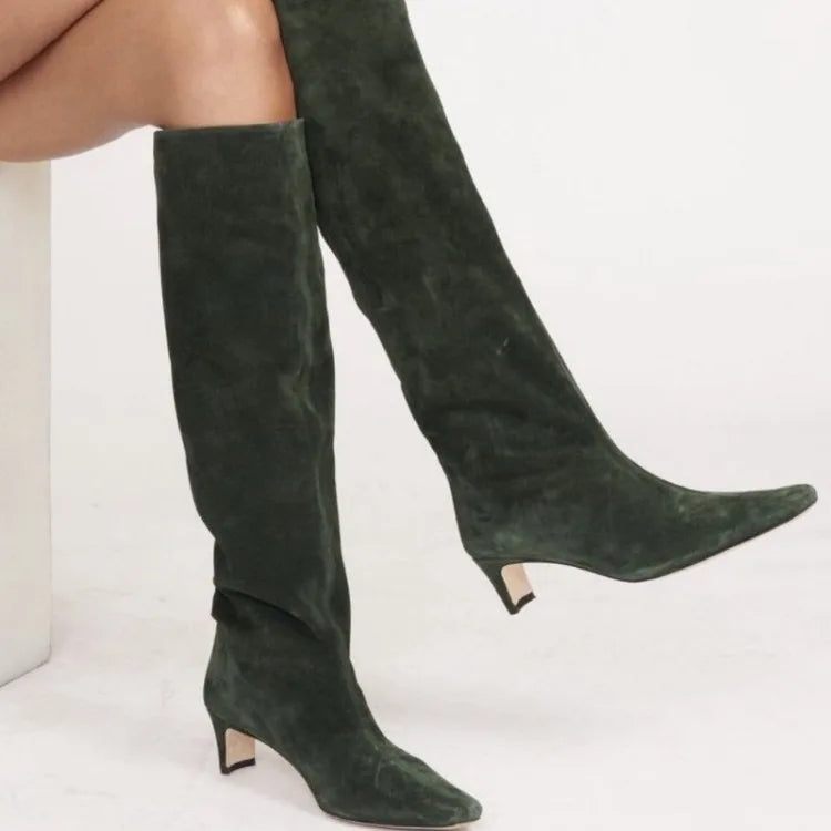 Autumn Winter Square Toe Low Heeled Suede Long Boots